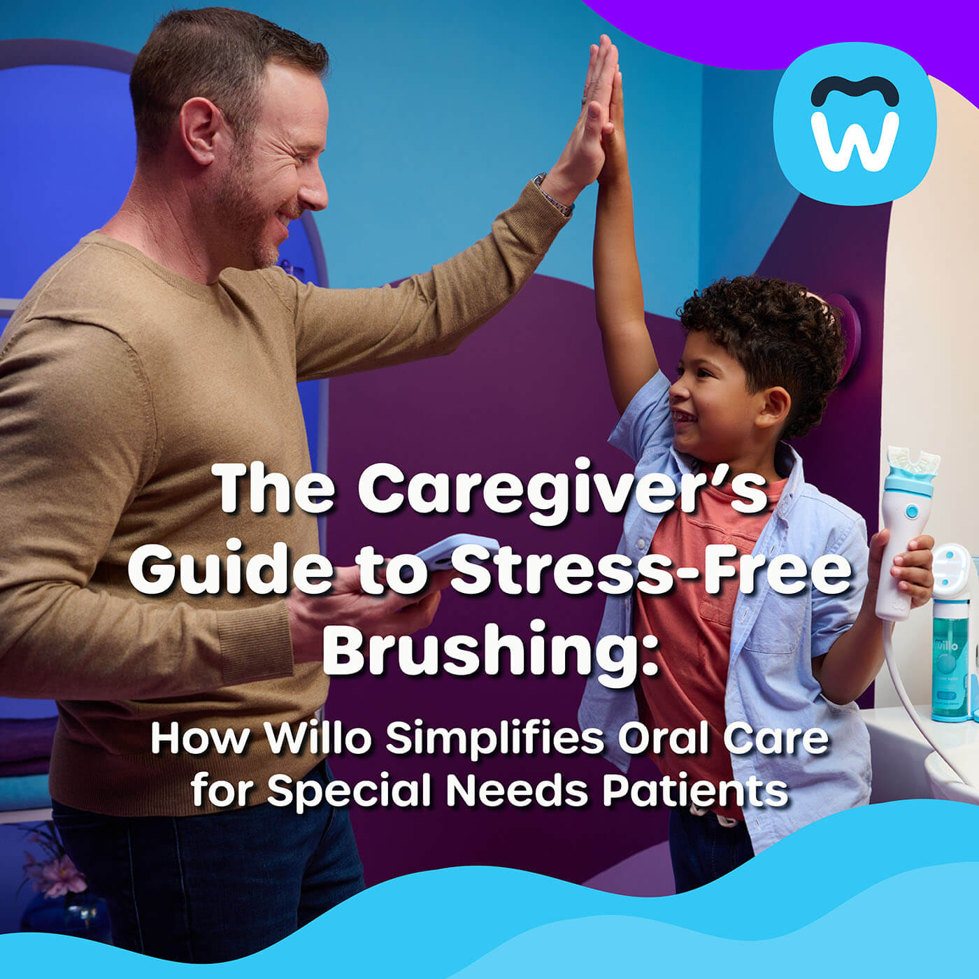 Picture of dad high fiving son in a bathroom. Overview text lists the title of the article.