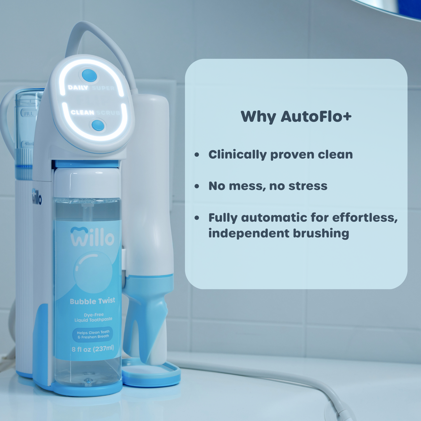 Willa dental cleaning device with a clear container and blue accents, featuring text about its features.
