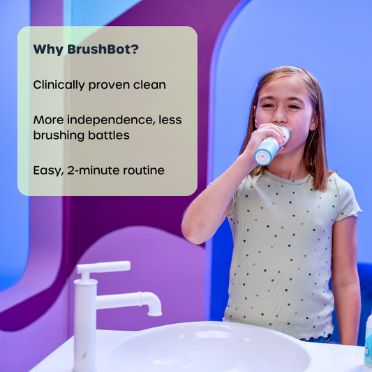 Girl using a toothbrush with text about BrushBot's benefits on a colorful background