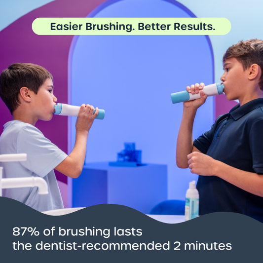 two boys brushing with willo brushbot and text claim that 87% brush for two minutes