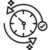 Black and white icon of a clock with arrows and stars.