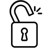 Black icon of an open padlock on a white background