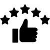 Black thumbs-up icon with five stars on a white background