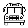 Black line drawing of a school bus on a white background