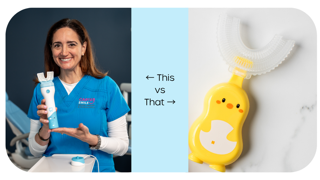 Kids Dentist holding Willo kids automatic brushing toothbrush  compared to a u-shaped kids toothbrush