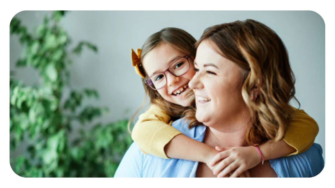 Smiling young girl with glasses giving her mother a piggyback hug during a peaceful morning routine.