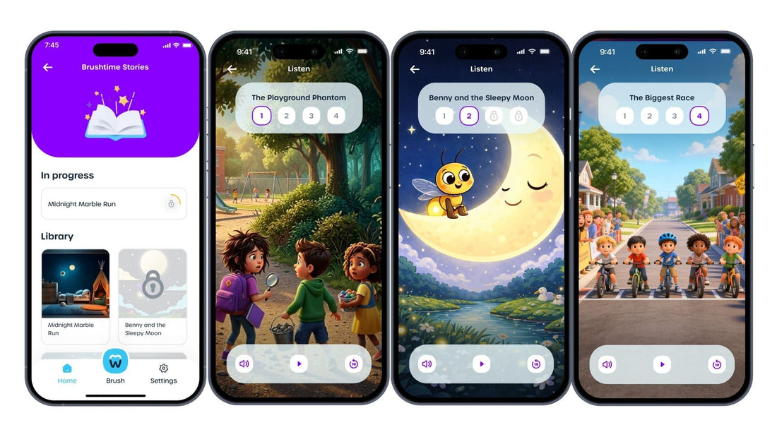 Mobile app user interface mockup for Brushtime Stories, a children’s audio storytelling and toothbrushing app showing the home library dashboard and interactive illustrated story screens.
