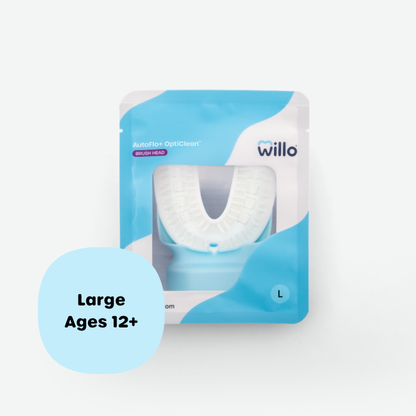 Willo AutoFlo+ OptiClean large replacement brush head pack for teens and adults ages 12 and up. Sealed blue and white product packaging with a clear window showing the silicone mouthpiece brush head.