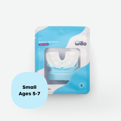 Willo AutoFlo+ OptiClean small replacement brush head pack for kids ages 5 to 7. Sealed blue and white product packaging with a clear window showcasing the silicone mouthpiece brush head.