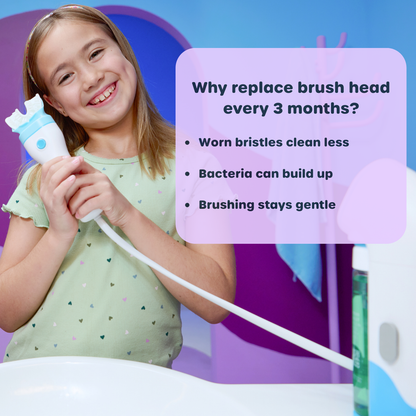 Young girl holding a toothbrush with text explaining why brush heads should be replaced every 3 months.