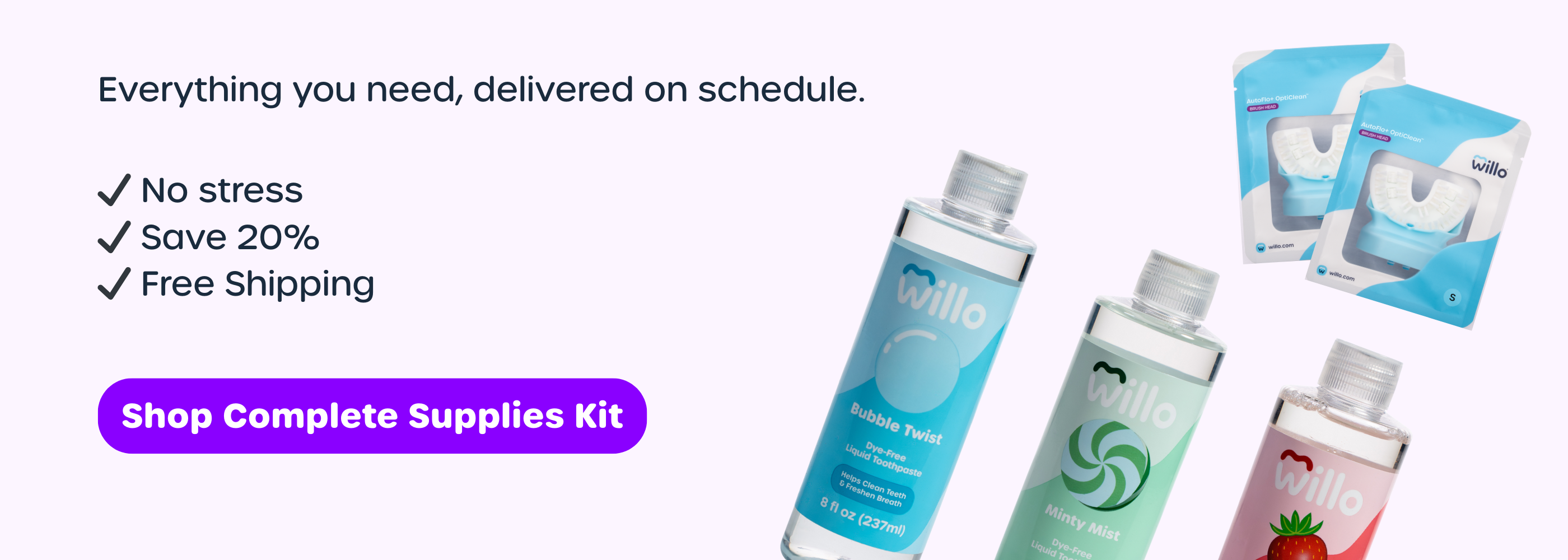 Supplies kit with bottles and packaging on a white background, featuring text about stress-free delivery and discounts.