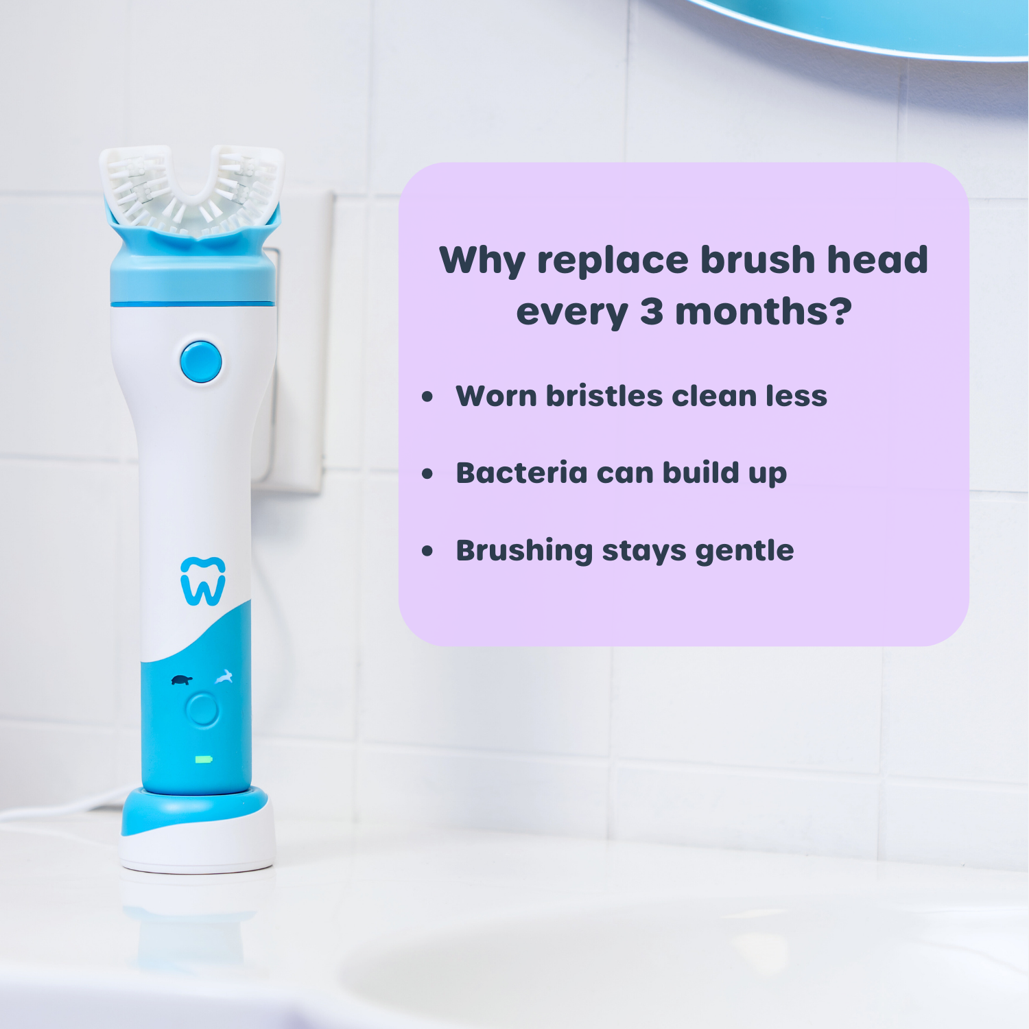 Electric toothbrush with a purple information box explaining why brush heads should be replaced every 3 months.