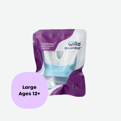 Willo BrushBot large replacement pack containing one OptiClean brush head and one lip rest for teens and adults ages 12 and up. Sealed purple and white product packaging displaying the Willo logo.