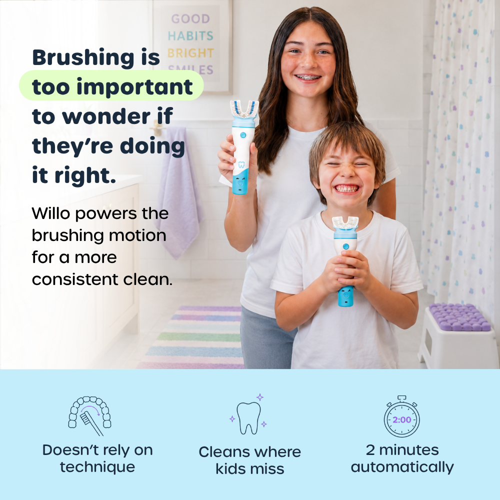 A teenage girl and her younger brother standing in a bathroom holding Willo toothbrushes and smiling. Text on image says Brushing is too important to wonder if they're doing it right.