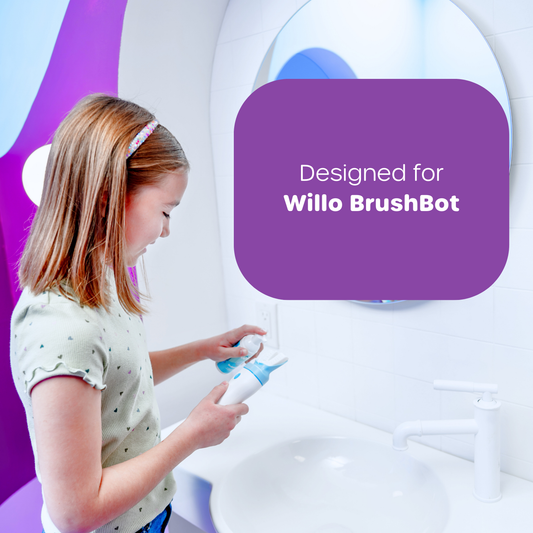 Child using a device with 'Designed for Willo BrushBot' text on a purple and white background