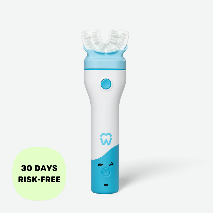 White and blue dental device with a smiley face on a white background