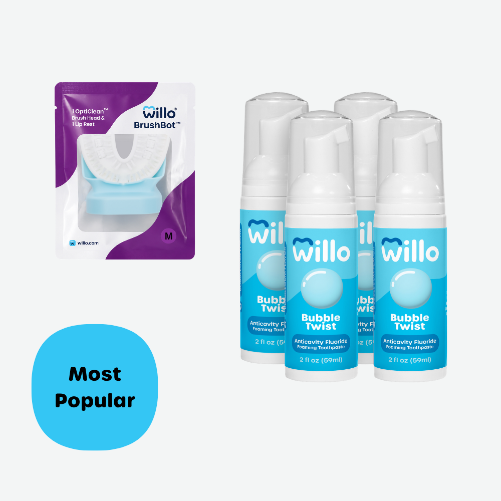 Willo BrushBot toothbrushes and packaging shown on a light gray background, with a blue circle reading 'Most Popular.' The set includes several 4 toothpaste bottles with blue labels and a  brushhead.