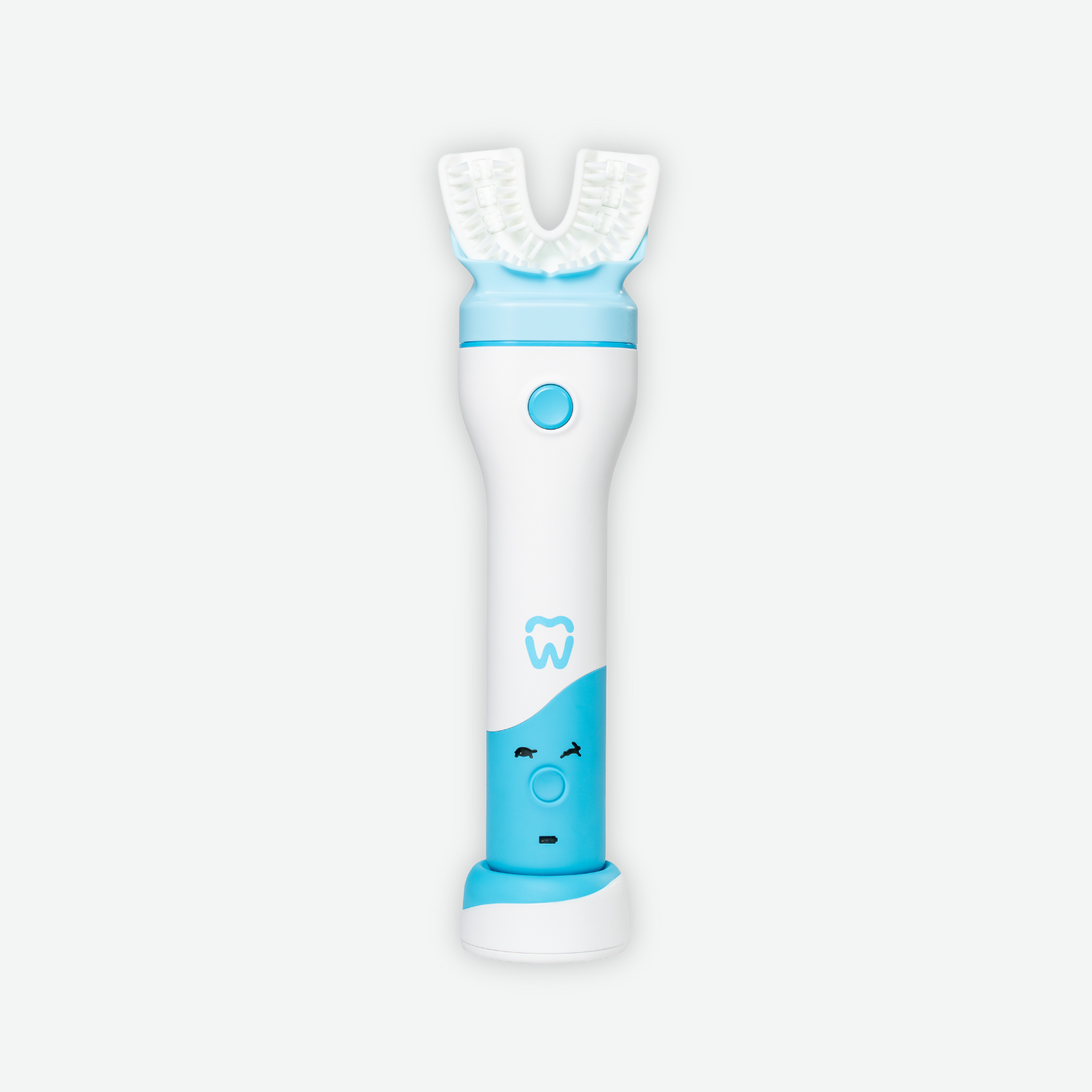 Isolated product shot of the Willo kids automatic toothbrush handle, showcasing the ergonomic blue and white design paired with a silicone U-shaped brush head.