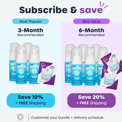 Promotional bundle graphic for Willo BrushBot showing two subscription options: a 3-month recommended bundle on the left and a 6-month recommended bundle on the right. The graphic features multiple white bottles of the toothpaste with blue labels, purple packaging pouches, and blue and purple promotional badges with text including 'Subscribe & save', 'Most Popular', 'Best Value', 'Save 10% + Free Shipping', and 'Save 20% + Free Shipping'.