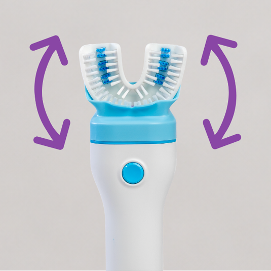 White and blue electric toothbrush with U-shaped brush head on a light gray background