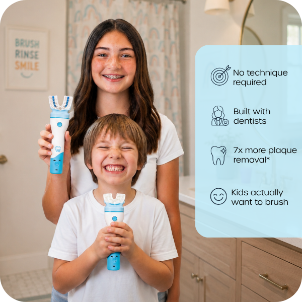 Promotional image of a teenage girl with braces and a young boy holding Willo automatic toothbrushes in a bathroom, paired with a light blue overlay listing key features: 