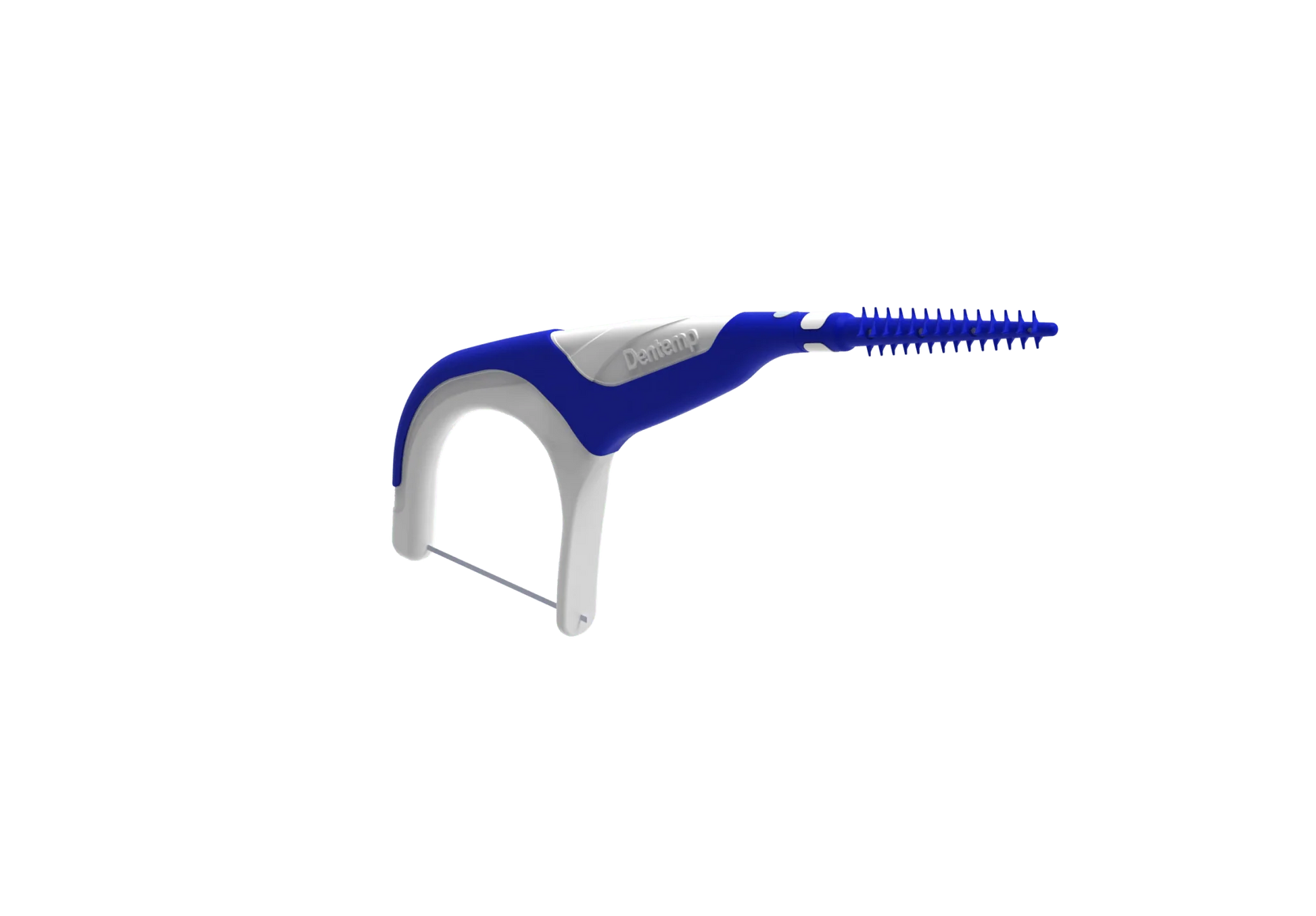 Dentemp blue and white orthodontic floss pick with soft-bristled interdental end.