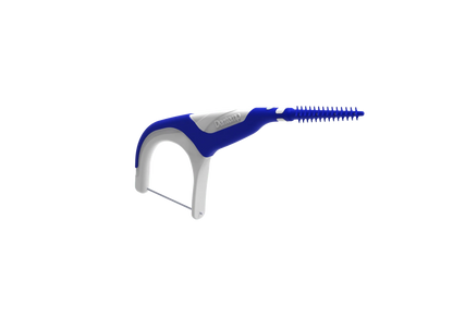Dentemp blue and white orthodontic floss pick with soft-bristled interdental end.
