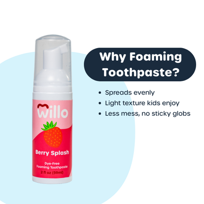 Willo Berry Splash foaming toothpaste with features listed on a white background