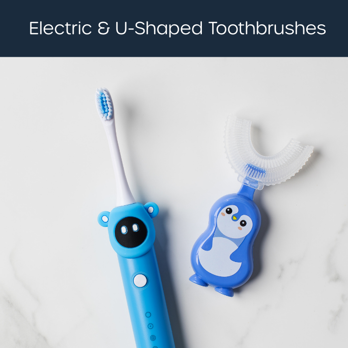 A comparison display of kids' oral care products under a dark blue banner labeled 