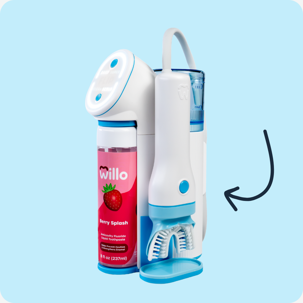 AutoFlo+ automatic kids toothbrush with Berry Splash liquid toothpaste on a light blue background with a arrow pointing to it