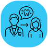 Light blue rounded icon showing a line art doctor with a tooth emblem talking to a patient, representing a professional dental consultation or expert oral care guidance.