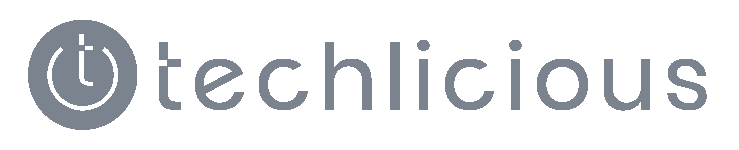 Corporate press asset showing the grey "techlicious" publication wordmark and circular clock icon on a transparent background for media mention grids.