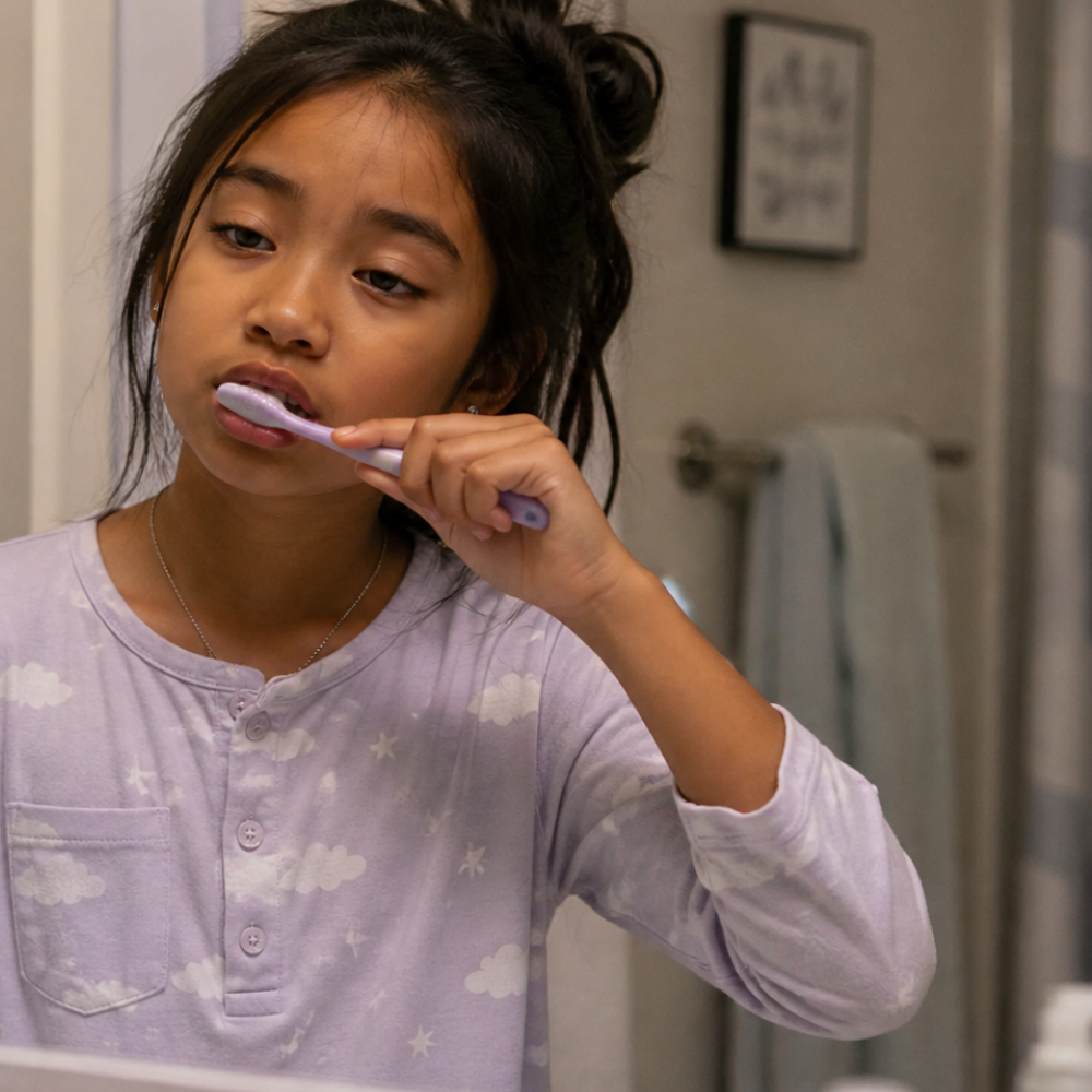 A young girl brushing her teeth with a purple toothbrush in a bathroom, wearing cloud-patterned pajamas.
