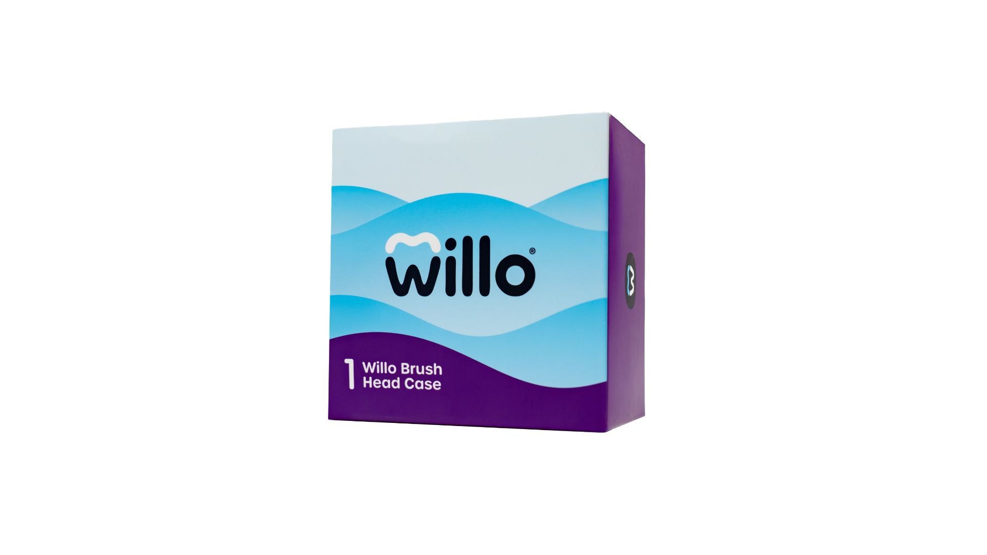 Product packaging box for a Willo Brush Head Case against a plain white background. The front of the square box features light blue wave patterns with the black "willo" logo in the center, and a dark purple bottom section that reads "1 Willo Brush Head Case."