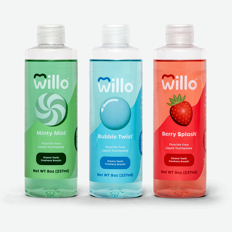 3 available flavors of Willo AutoFlo+ fluoride free toothpaste: Mint, Strawberry, and Bubblegum