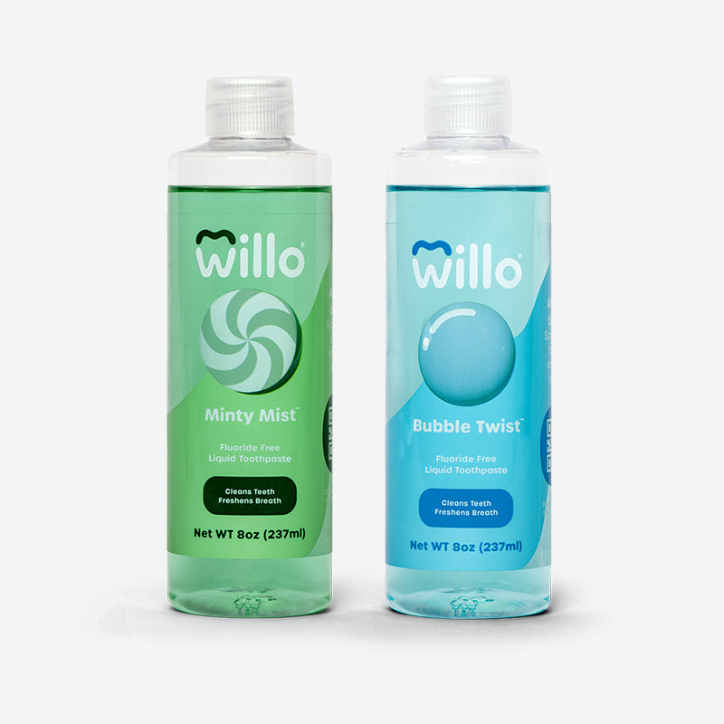 2 pack of Willo kids Fluoride Free toothpaste in Mint and Bubblegum