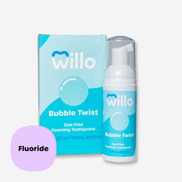 Bubblegum-flavored pediatric foaming toothpaste with fluoride by Willo. Product image of Bubble Twist dye-free oral hygiene foam, 2oz (59ml) enamel-strengthening formula designed for children using automated dental tech.