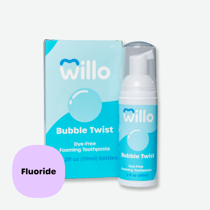 Bubblegum-flavored pediatric foaming toothpaste with fluoride by Willo. Product image of Bubble Twist dye-free oral hygiene foam, 2oz (59ml) enamel-strengthening formula designed for children using automated dental tech.