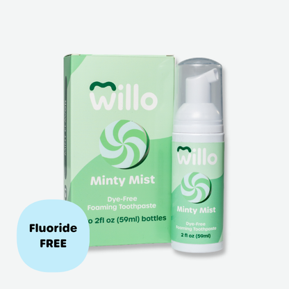 Willo Minty Mist dye-free foaming toothpaste pump bottle and retail packaging box. Features a green mint swirl graphic design with a light blue callout badge highlighting the 2 fl oz (59ml) fluoride-free formula.