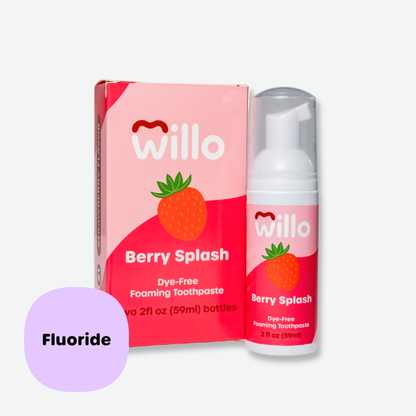 Willo Berry Splash dye-free foaming toothpaste with fluoride pump bottle and retail box. Features a pink design with a strawberry graphic and a purple callout badge highlighting the 2 fl oz (59ml) fluoride formula.