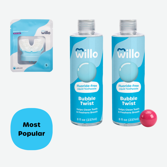 Two bottles of Willo Bubble Twist liquid toothpaste with a blue cap, and a willo brush head, and a pink gumball on a light gray background, with a blue 'Most Popular' badge.