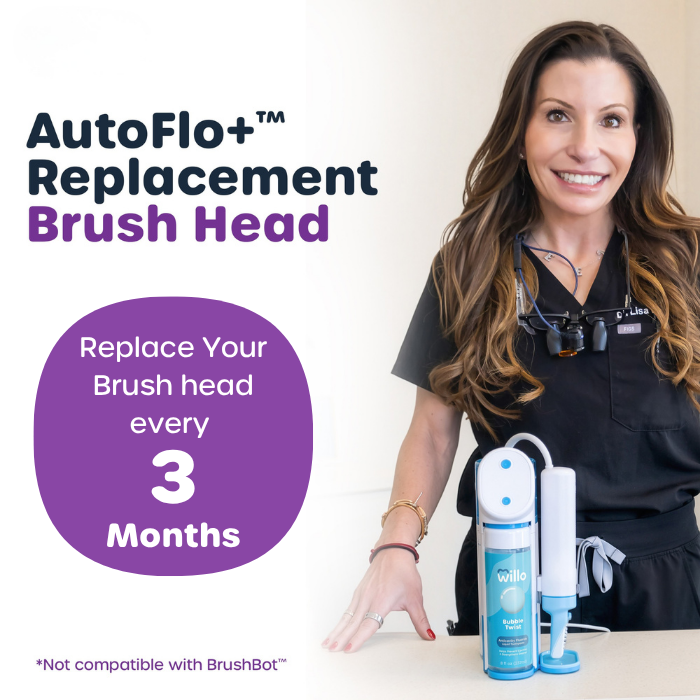 AutoFlo+ Replacement Brush Head shown with a smiling woman in a dental scrub top standing beside two brush heads on a light background, with promotional text reading 'AutoFlo+ Replacement Brush Head' and 'Replace Your Brush head every 3 Months'.