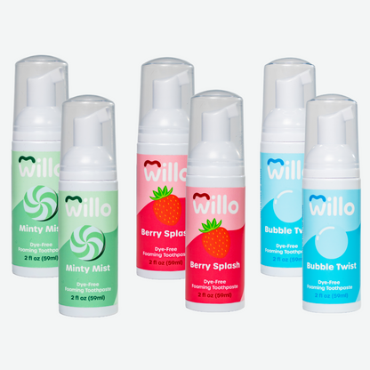 Set of Willo foaming toothpaste bottles in various flavors on a white background
