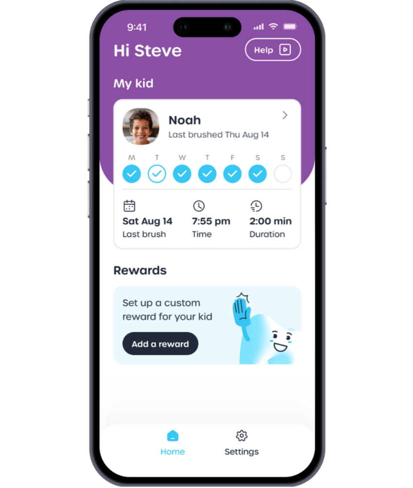 Smartphone displaying a child's dental hygiene tracking app on a white background