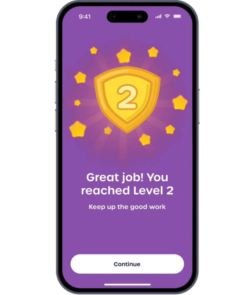 Phone screen displaying a leveling up notification with a shield icon and number 2 on a purple background.
