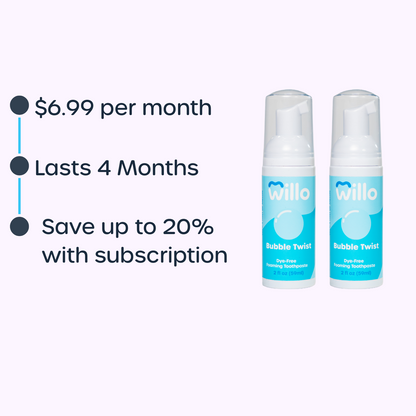 Two bottles of 'Willo Bubble Twist' on a white background with subscription offer text.