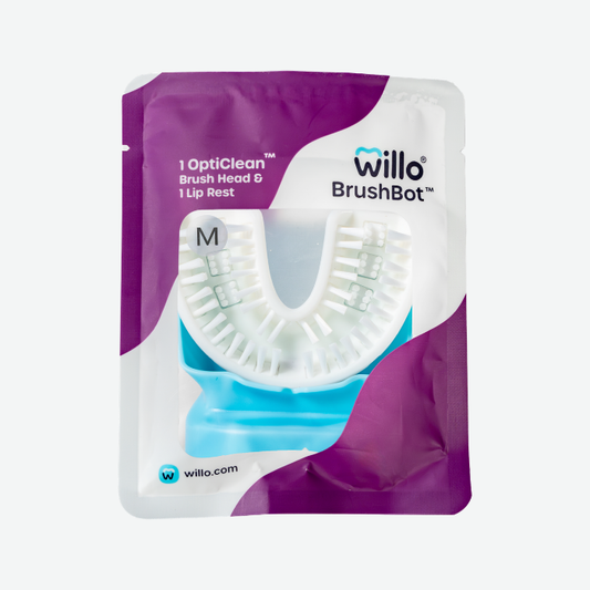 Willo BrushBot packaging with brush head and lip rest on a white background