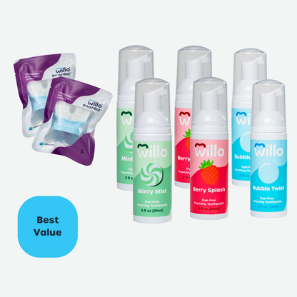 Willo dental products including bottles and pouches on a white background