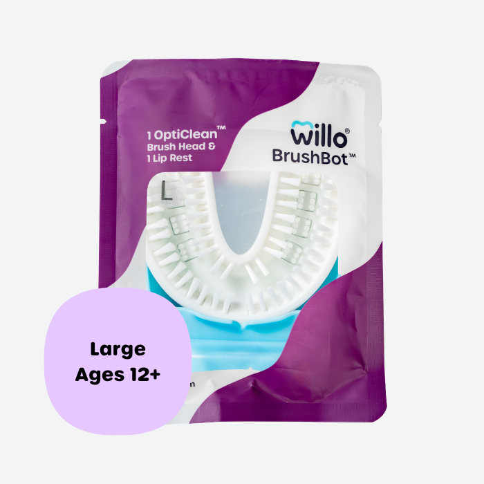 Willo BrushBot packaging with brush head and lip rest on a white background