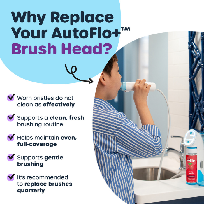 Promotional graphic for AutoFlo+ toothbrush head replacement, showing a kid brushing their teeth in a bathroom while text on the left explains why the brush head should be replaced.